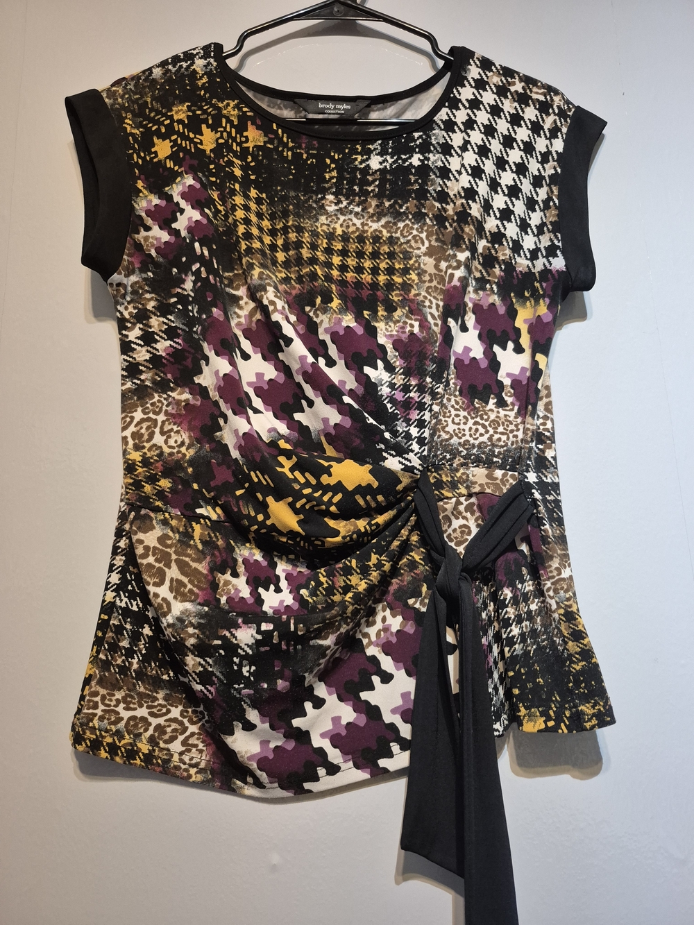 Printed Tie-Front Blouse in Black, Purple & Yellow